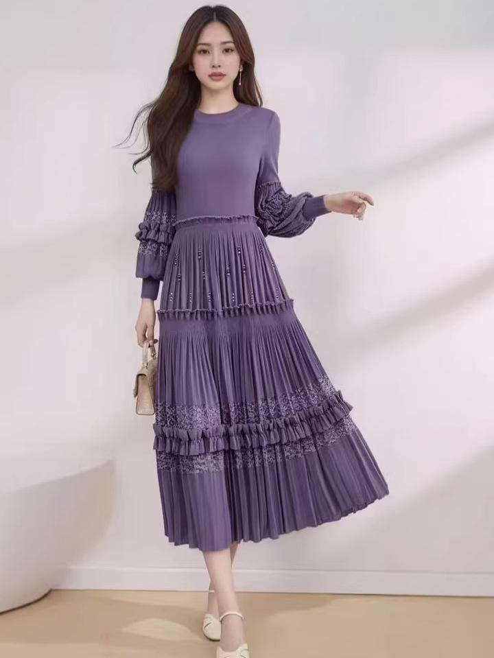 

Miyake Plus Size Pleated Beaded Patchwork Dress - Elegant and Fashionable Long Loose Fit for Women One Size (40-100kg) фіолетовий