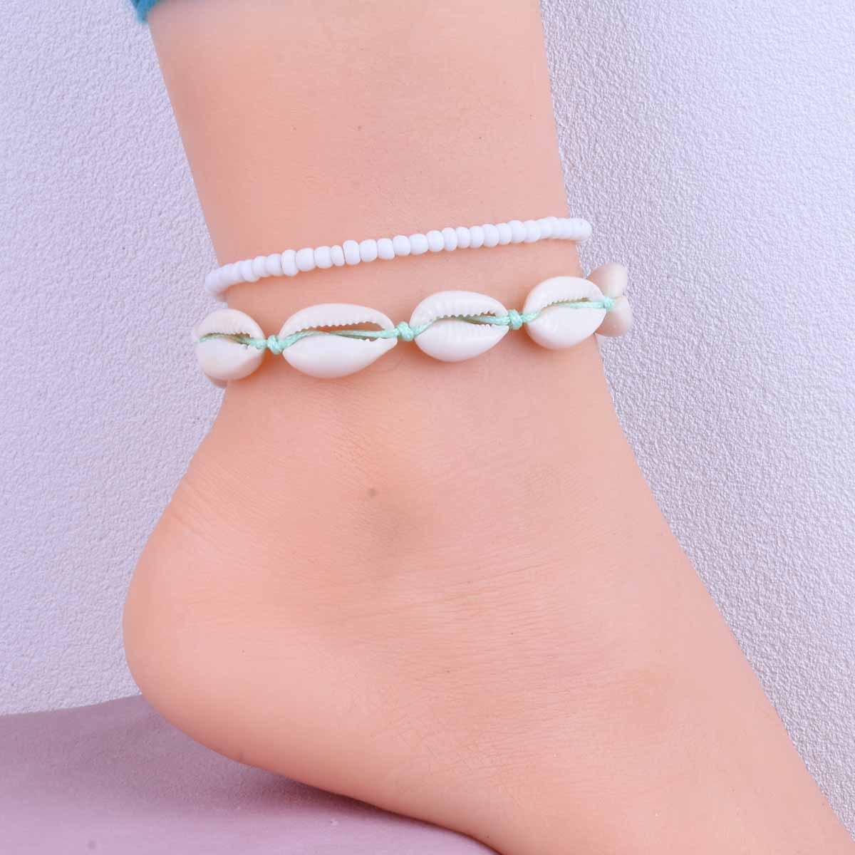 Bohemian Starfish & Shell Beach Anklet with Woven Rope and Rice Beads