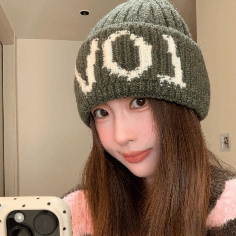 Stretchy Letter Embroidered Knitted Beanie Hat Thick Earflap Beanie  Girls