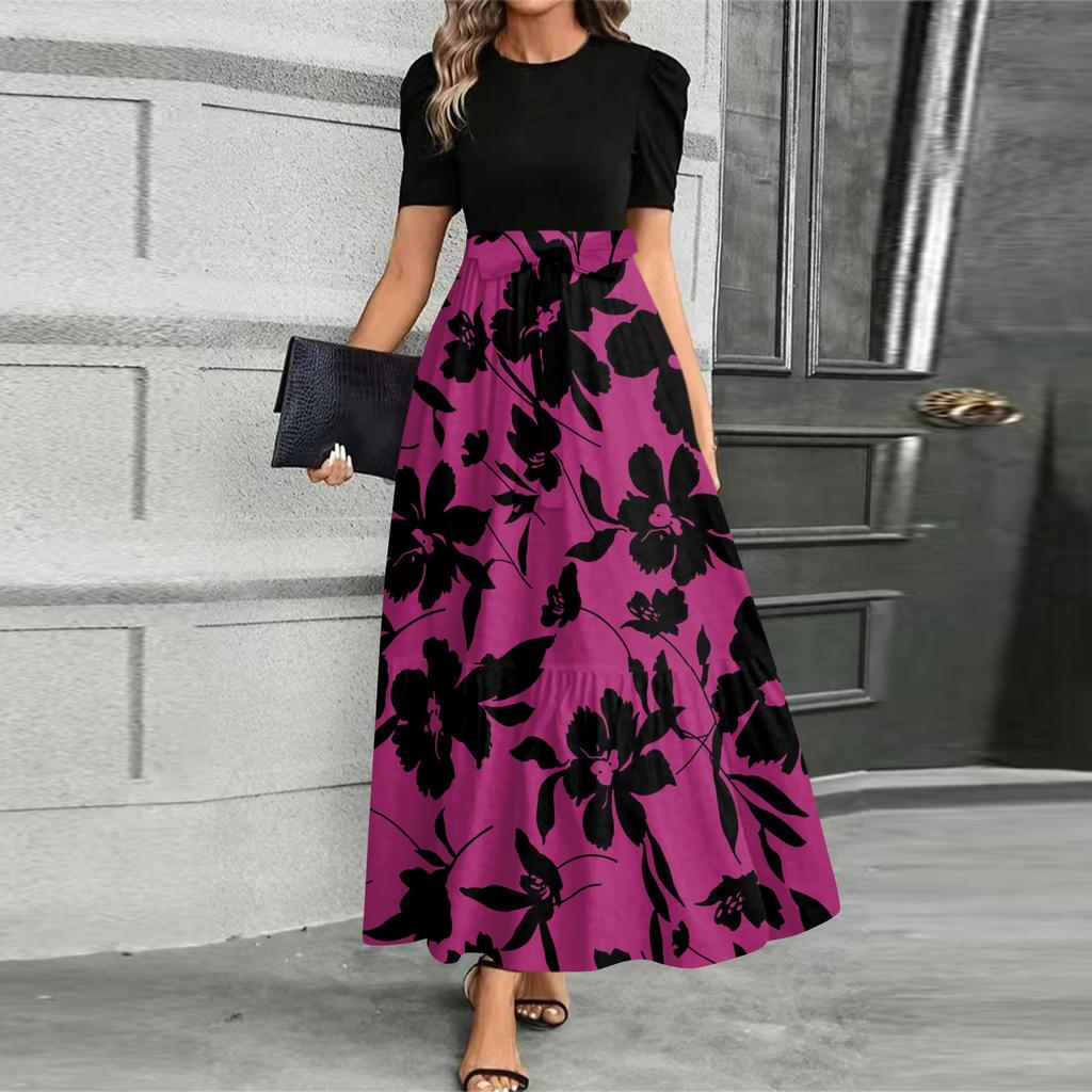 Women's Fashionable Casual Belt Short Sleeved Round Neck Print Elegant Temperament Dress