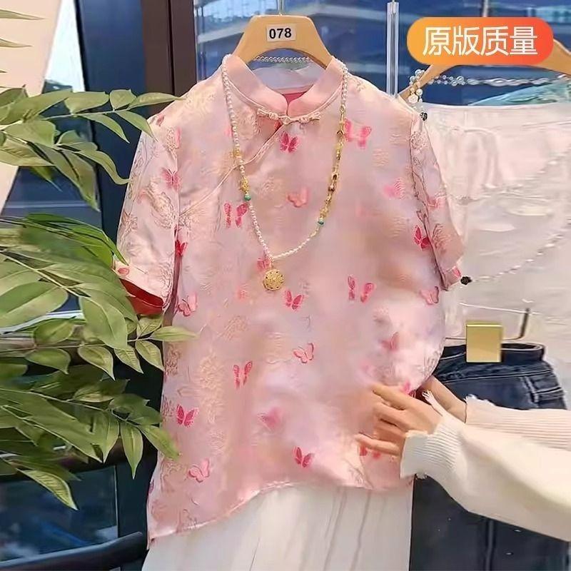 Pink outer stand-up collar top short-sleeved summer shirt high-end daily shirt