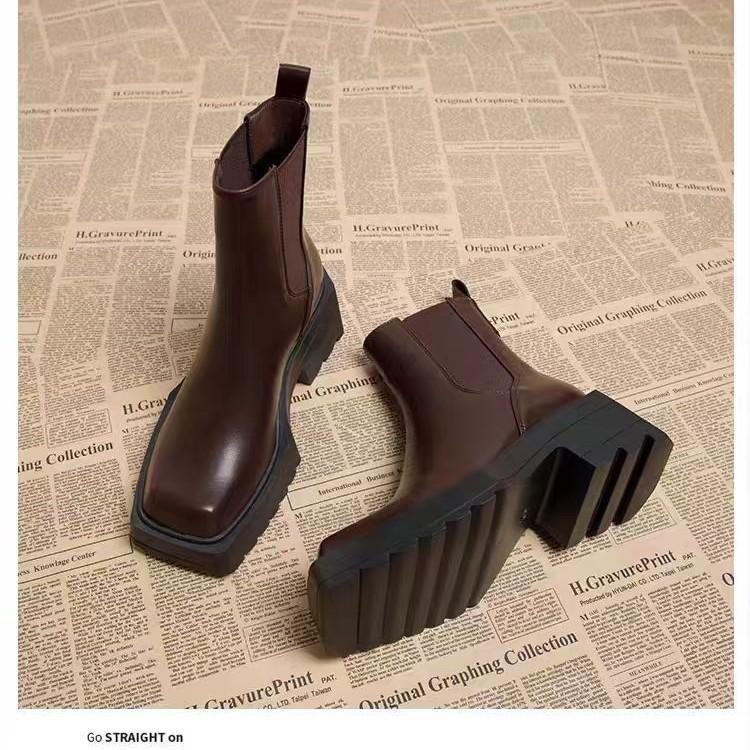 Square Martin Boots Women's British Smoke Boots Pu Thick Sole Heightening Thick Heel Chelsea Short Boots