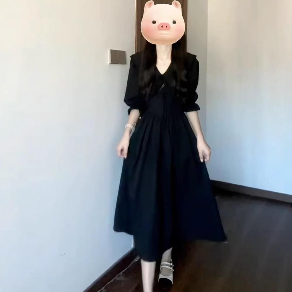 Hepburn French Black V-neck Long-sleeved Dress for Children's Summer and Spring New High-end Temperament Long Dress