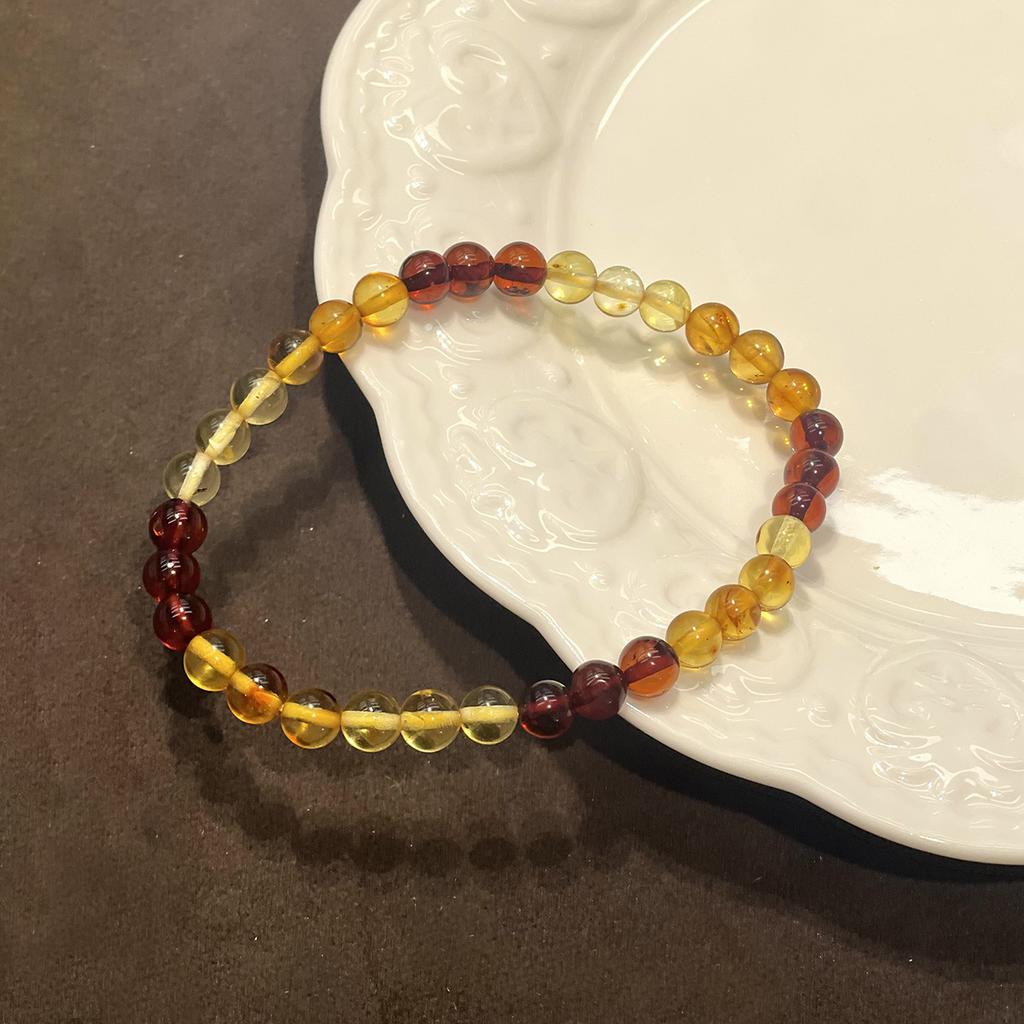 Natural Amber Three Color Round Bead Bracelet 5.3×5.3mm 18cm, Mixed Blood Amber Golden Amber Floral Amber Elastic Stack Bracelet