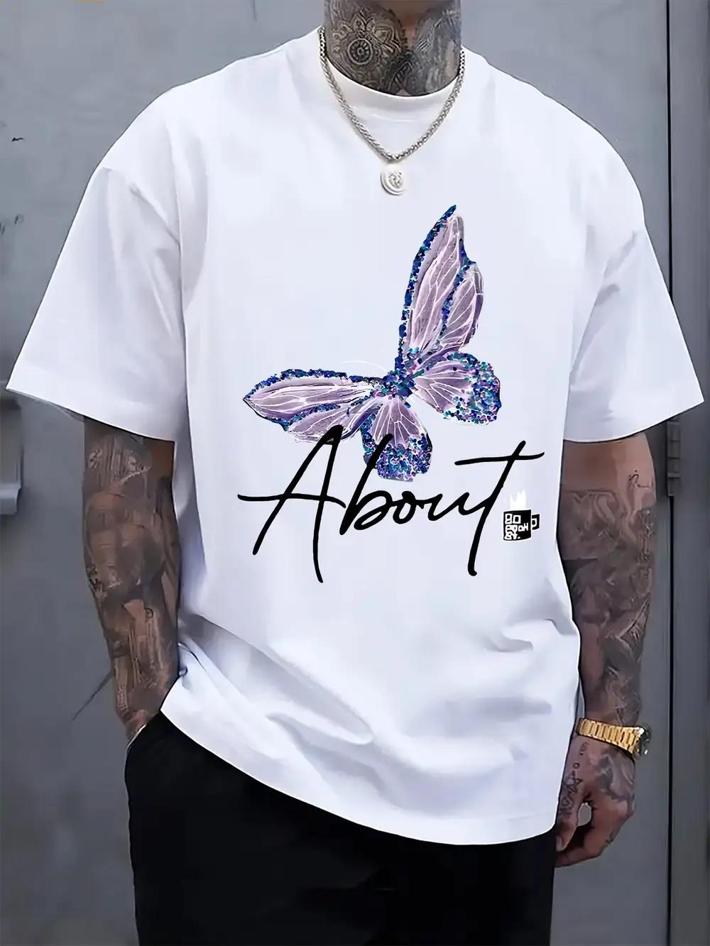 1pc Butterfly & Text Print Short Sleeve T-shirt - Round Neck XL