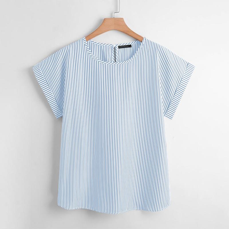ZANZEA Женская повседневная свободная блузка в полоску с круглым вырезом и короткими — фото 12