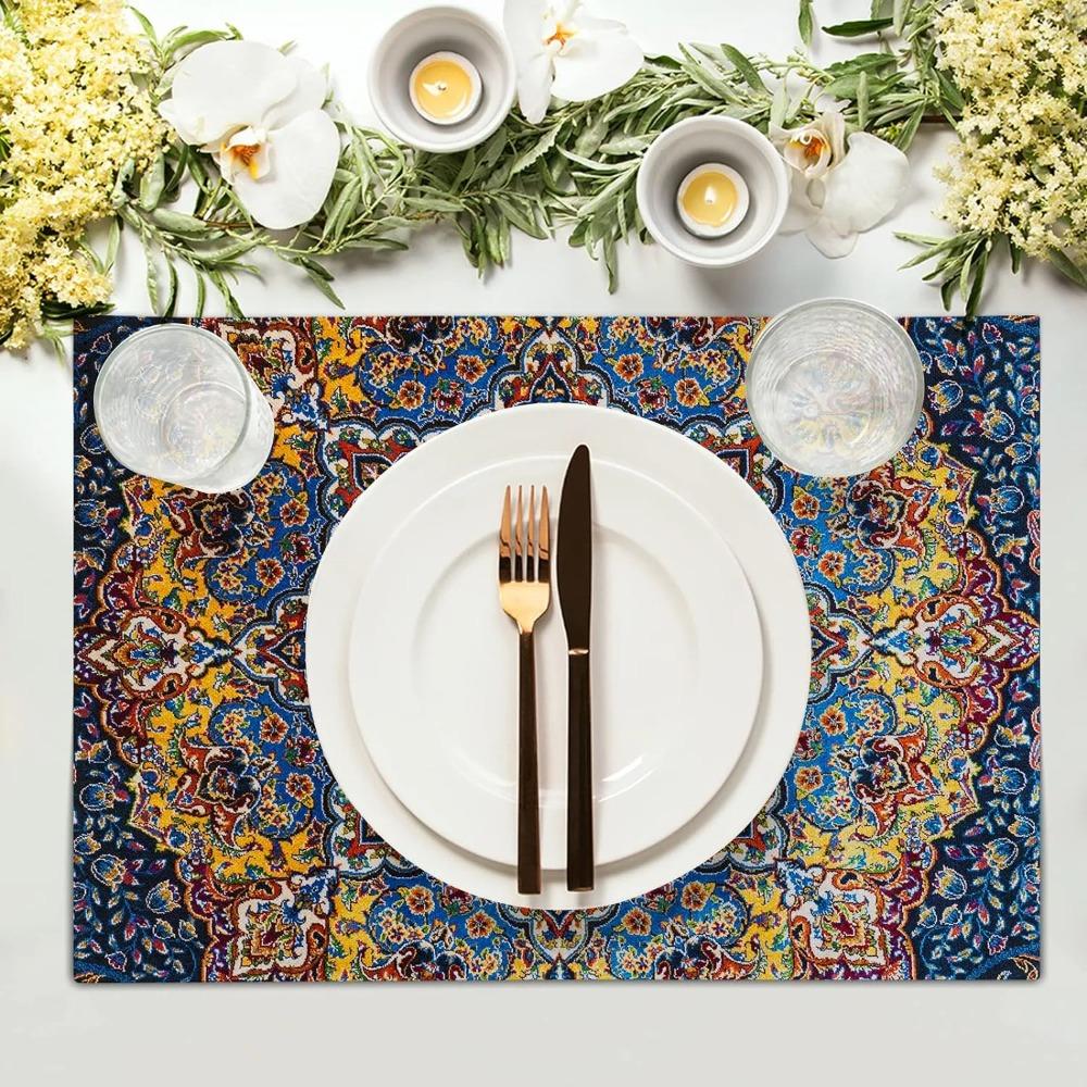 Colorful Mandala Bohemian Placemats Vintage Floral Washable Heat Resistant Boho Place Mats Indian Ethnic Ramadan Dinner Placemat