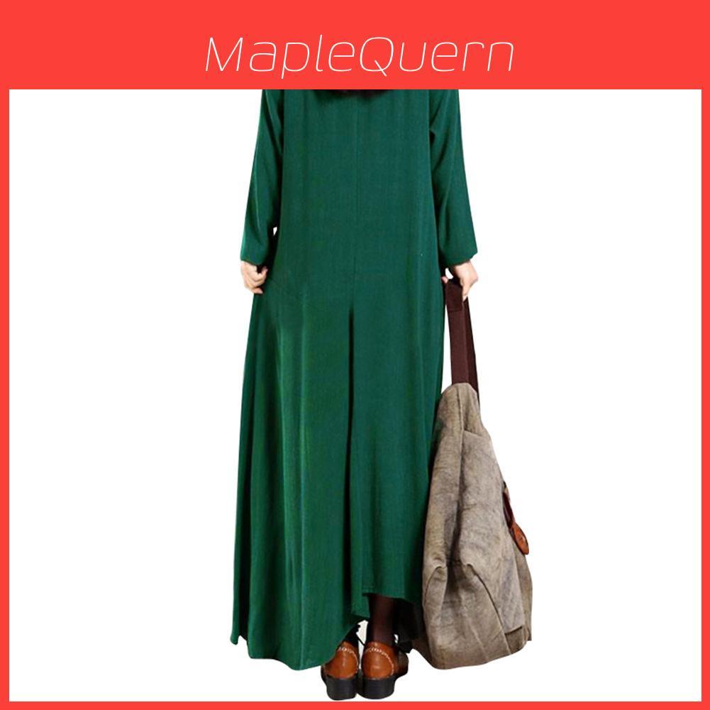 Elegant Plus Size Women Cotton Long Sleeve Vintage Kaftan Casual Maxi Dress