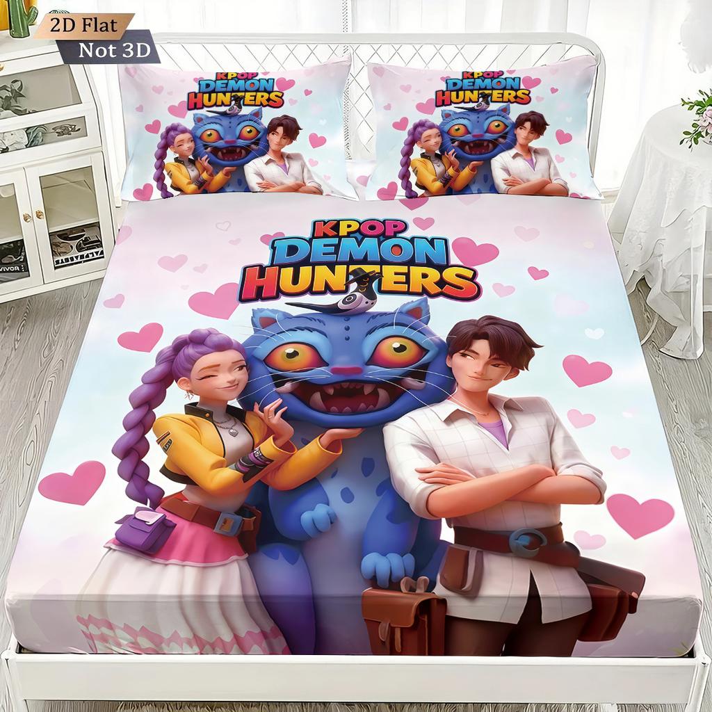 1pc K-Pop Demon Hunters Fitted Sheet Polyester Durablle Machine Washable Bedding Set for Home Bedroom Decoration Birthday Gift