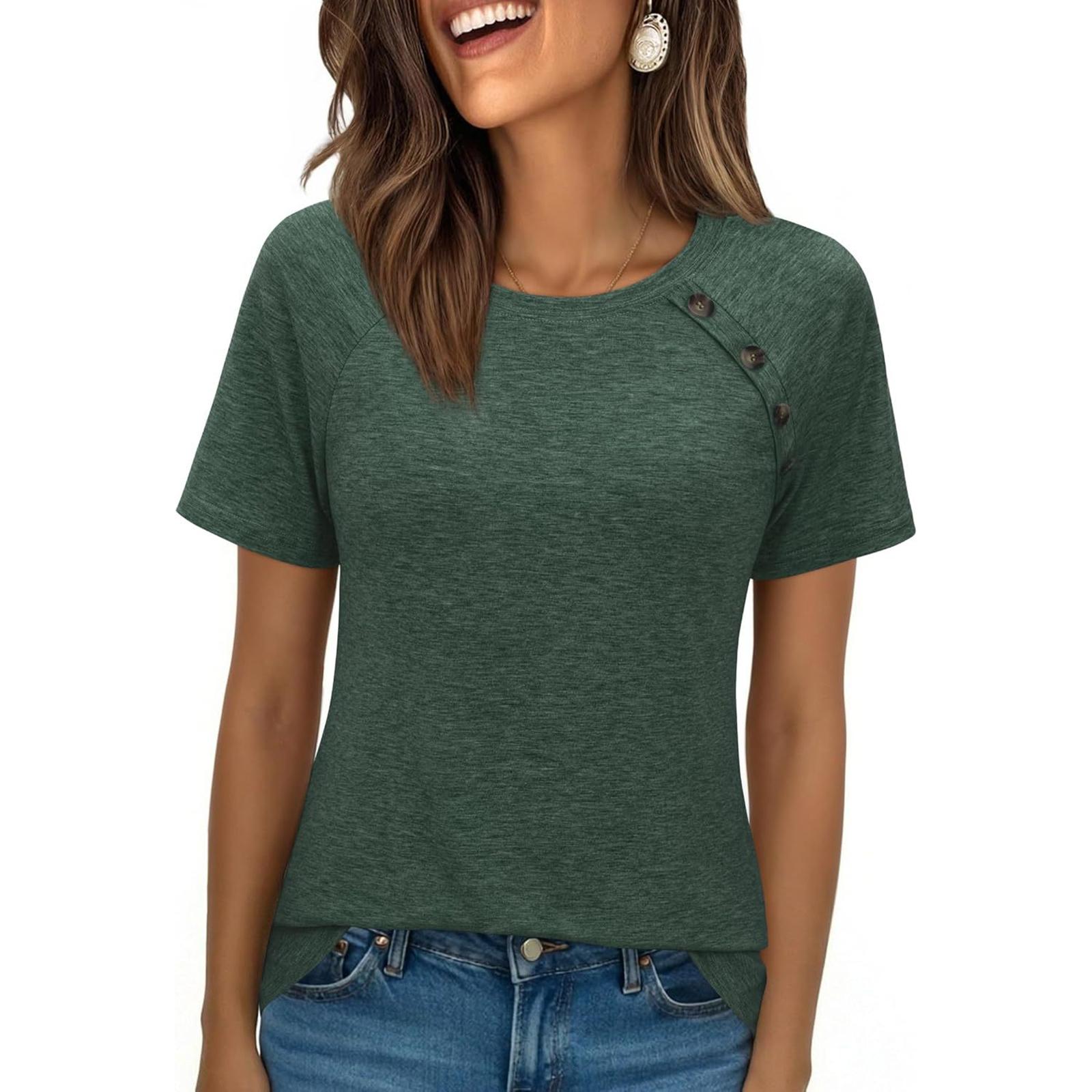 

Женская модная повседневная футболка с пэчворком, декоративной пуговицей-крестиком, свободного кроя, с коротким рукавом L армия зеленый