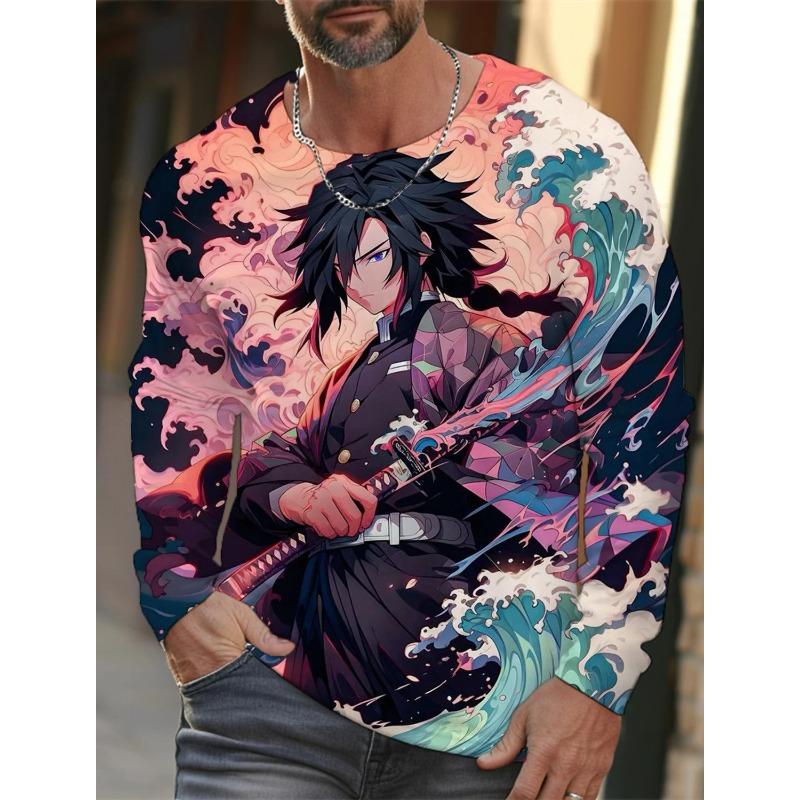 

Весенне-осенние футболки с круглым вырезом и 3D-принтом с графикой из серии «Клинок, рассекающий демонов», модные повседневные мужские футболки с длинным рукавом 5XL