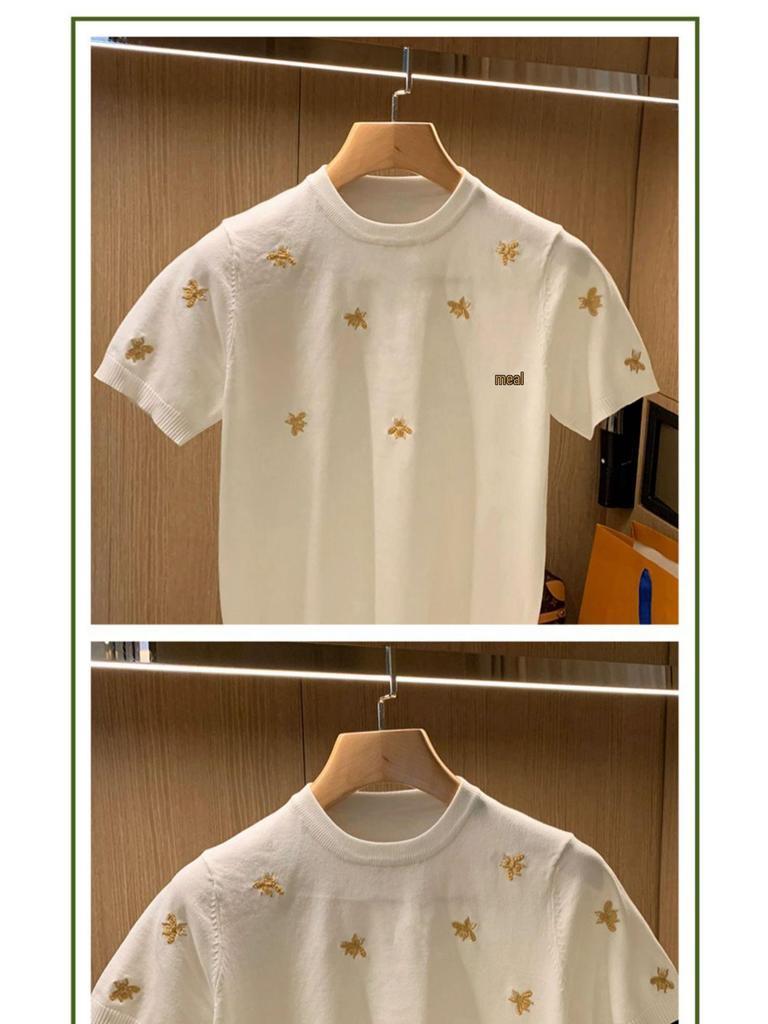 Men's Trendy European Bee Embroidery Knit T-Shirt, Short-Sleeved, Round Neck, Light Luxury Style