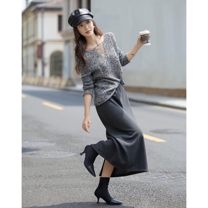 Demana Women's Lamb Wool Blend Round Neck Melange Knit Sweater