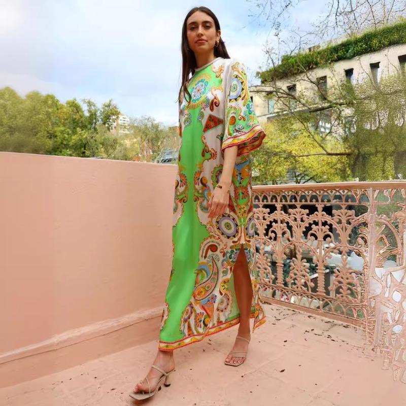 Summer Print Positioning Satin Slit Maxi Dress for Women