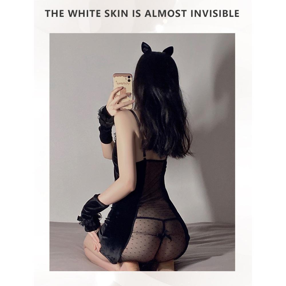 Sexy Lingerie Women's Velvet Perspective Suspender Sexy Mesh Maid Cosplay Pussy Suit Hip Leaking Temptation