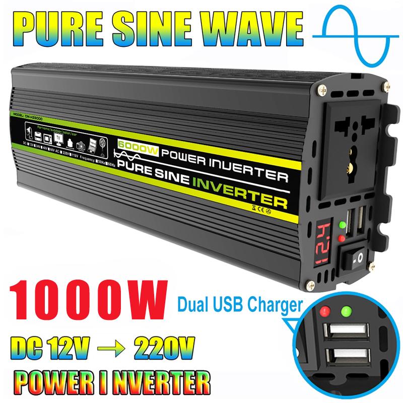 Pure Sine Wave Power Inverter DC12V To AC 220V 1000W Converter Intelligent Digital Display Voltage Transformer Car Home Outdoor