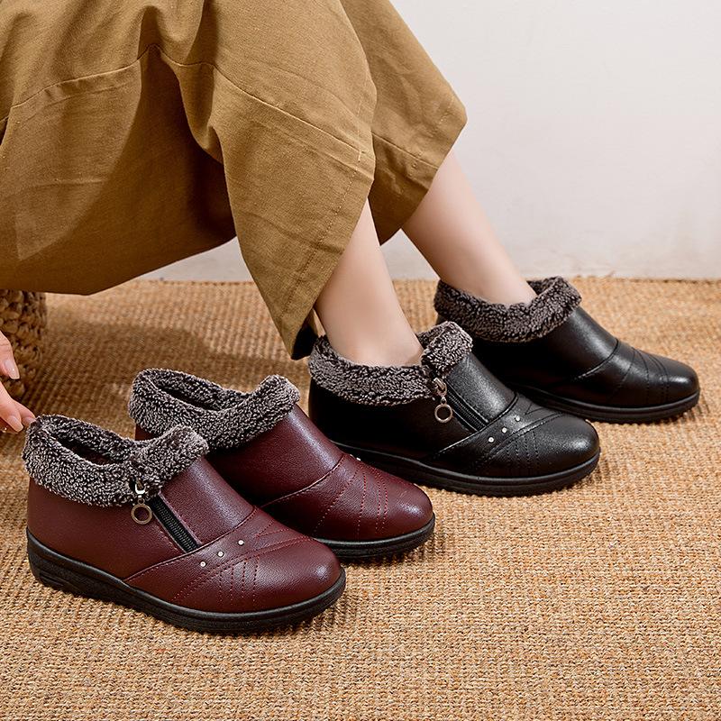 Fashion Warm Cotton Shoes 2024 Winter Plush Anti Slip Flat Bottomed Women's Shoes Low Top Plush Leather Shoes Plataforma Mujer