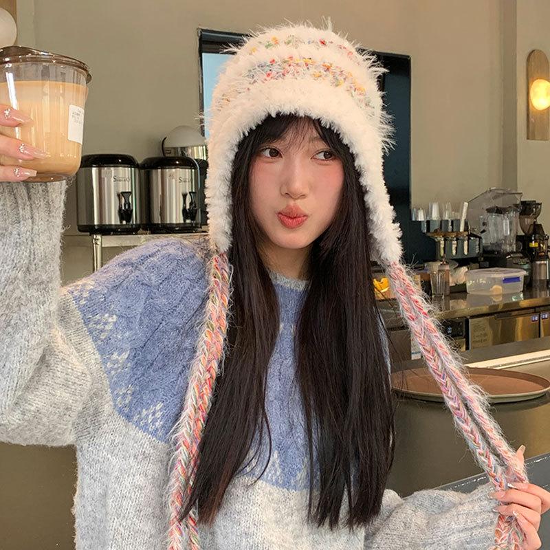 Cute little jelly bean plush bucket hat women's winter warm thickened knitted wool hat windproof and cold ear hat