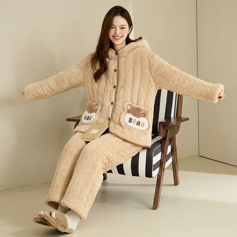 Winter three-layer padded coral fleece pajamas women's winter thickened hooded warm flannel cartoon loungewear women's
