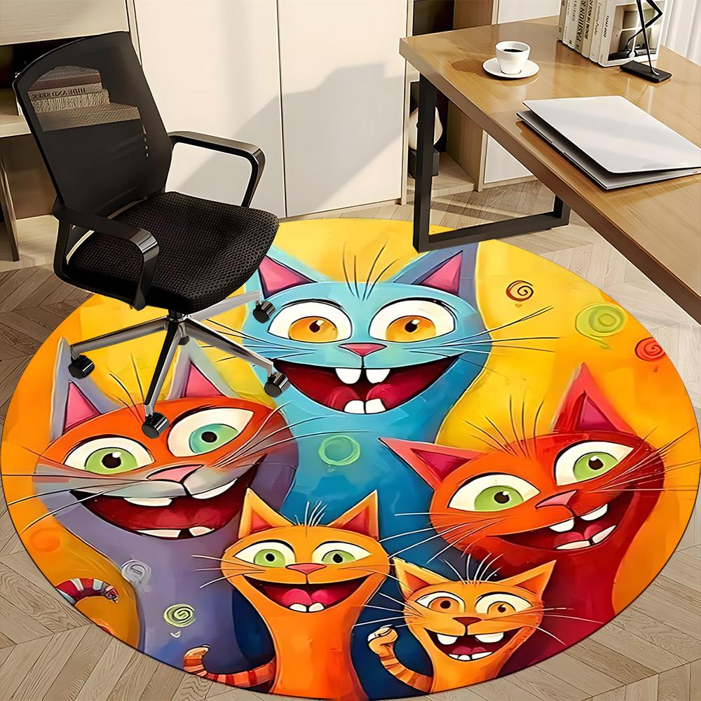 1PC Cat Family Office Round Area Rug, Mat Suitable ForOffice, Under Office Chairs Bedroom Living Room Home Decor, Room Deco