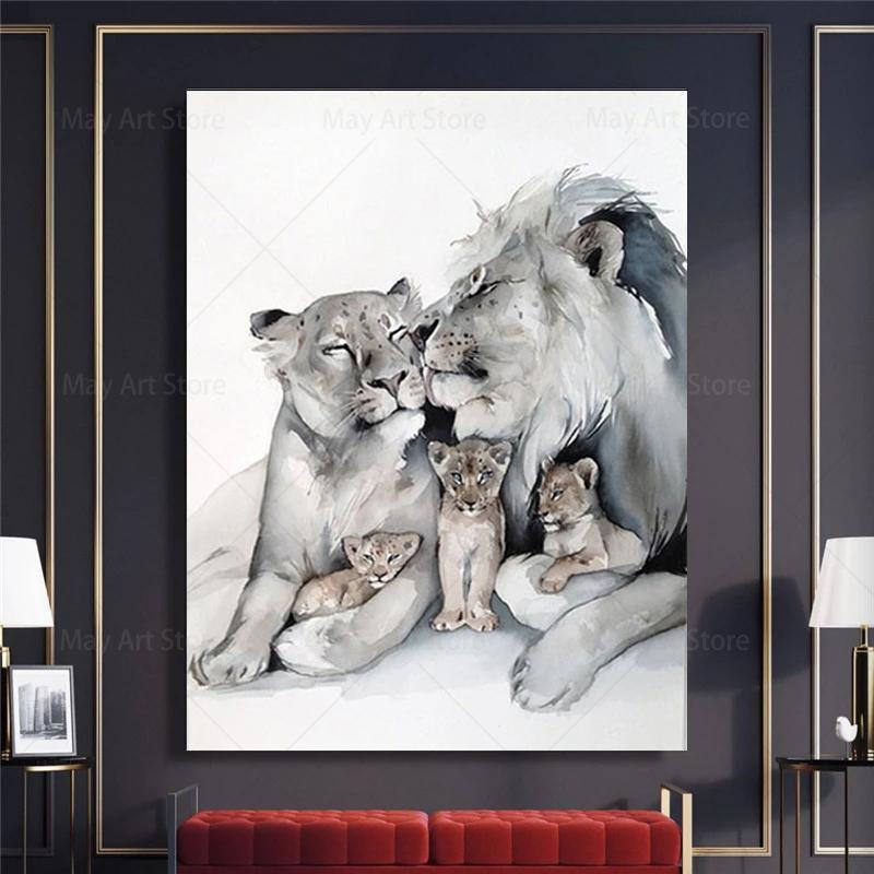 Modern Animal Loving Lion Family Canvas Painting Posters  Prints Wall Art Pictures for Living Room Home Wall Decoration Cuadros
