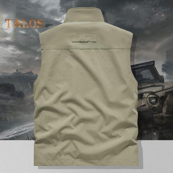 Pánská vesta stojáček límec bez rukávů vesta se zapínáním na zip kabát s velkými kapsami jednobarevná outdoorová rybářská vesta