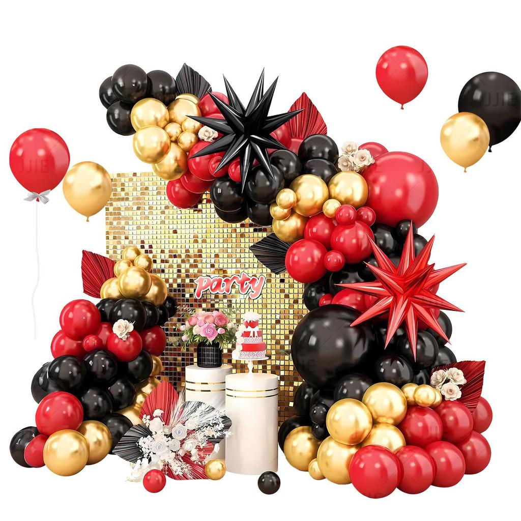 Elegant Red, Black & Gold Balloon Chain Set for Celebrations: Birthday, Graduation, Wedding