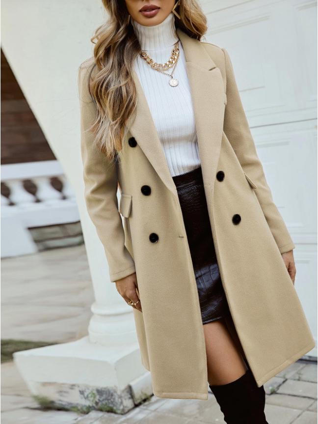 

Двубортное шерстяное пальто европейского и американского стиля осень-зима 2025 S бежевый