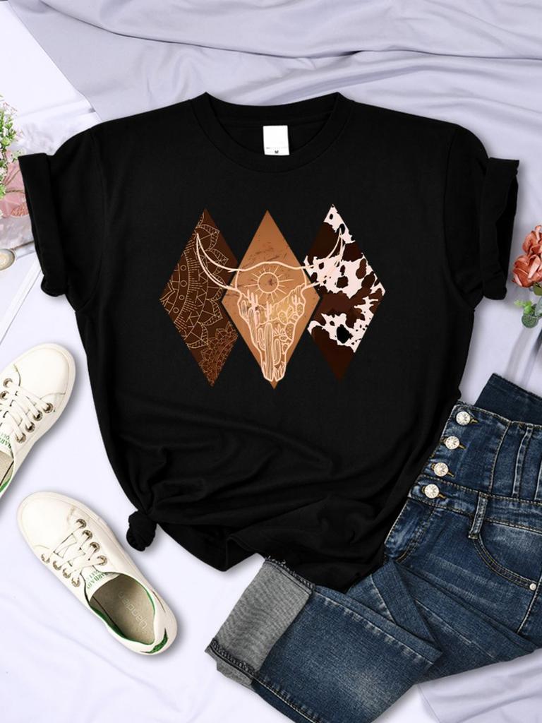 Kawaii Woman TShirts Cowboy Style Pattern Printed Short Sleeve Breathable ONeck Soft Tee Shirts Summer Street Female Clothes