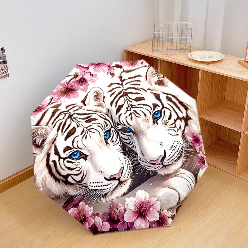 1 PC Automatic Folding Umbrella - White Tiger Pattern, Portable & Foldable Design with 8 Ribs, Christmas Birthday Gifts