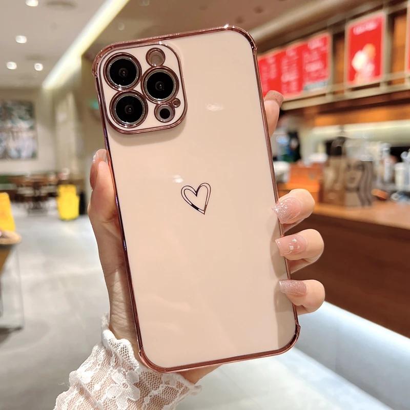 Luxury Electroplated Love Heart Phone Case For iPhone 11 12 13 14 15 16 Pro Max XS X XR Max Plus Soft Silicone Cover