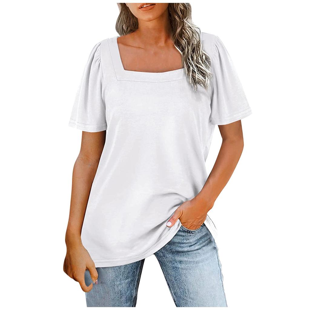 Women's Fashion Casual Square Neck Short Sleeve Solid Color Tops Blouse