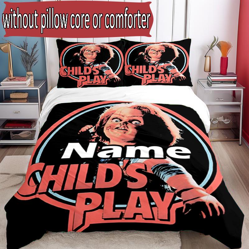 Set cuvertură de pilota 3 buc (1 * Husă de pilota + 2 * Față de pernă, Fără Miez), Set de așternut personalizat cu nume și model Bride of Chucky, Cadou Decor Dormitor Acasă