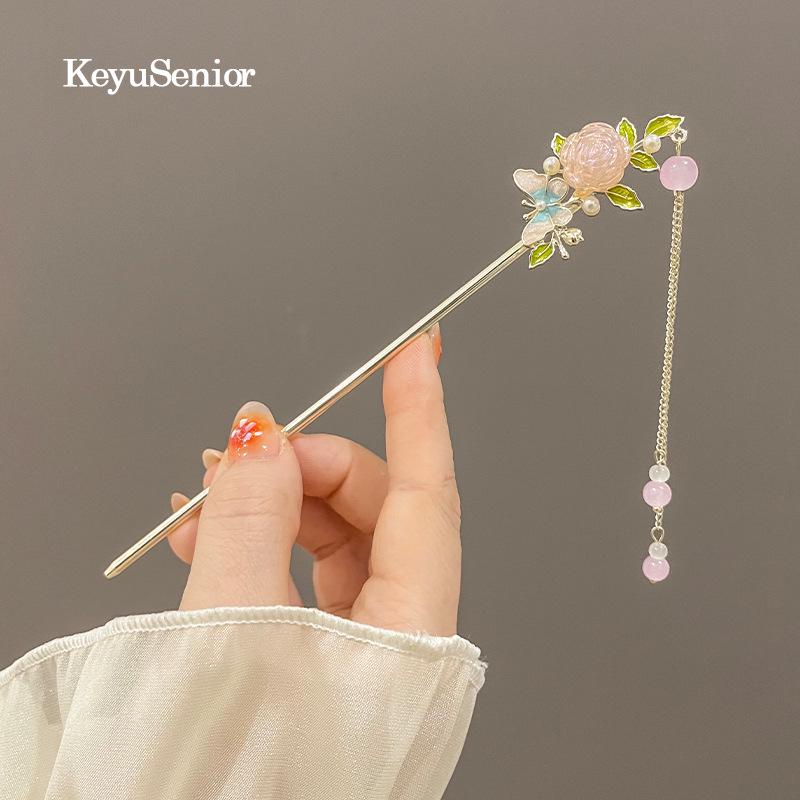 Four Seasons Chinese Tassel Hairpin: Ancient Style Hanfu with Fresh Pearl and Jiangnan Classical Cheongsam Hair Accessory