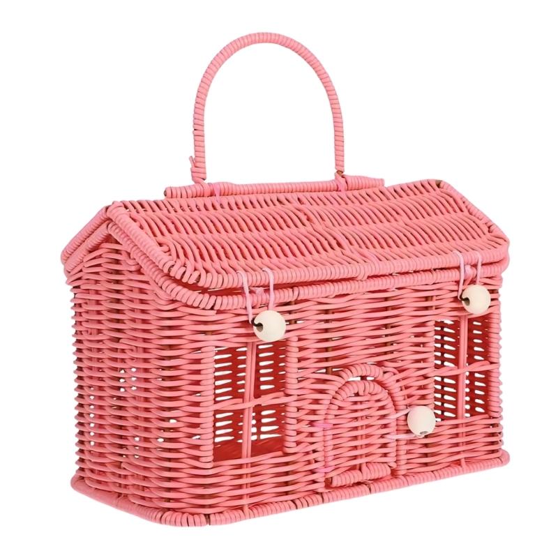 Natural Grass Woven House Shaped Basket With Cover Practical Storage Organiser With Lid And Shoulder Strap розовый