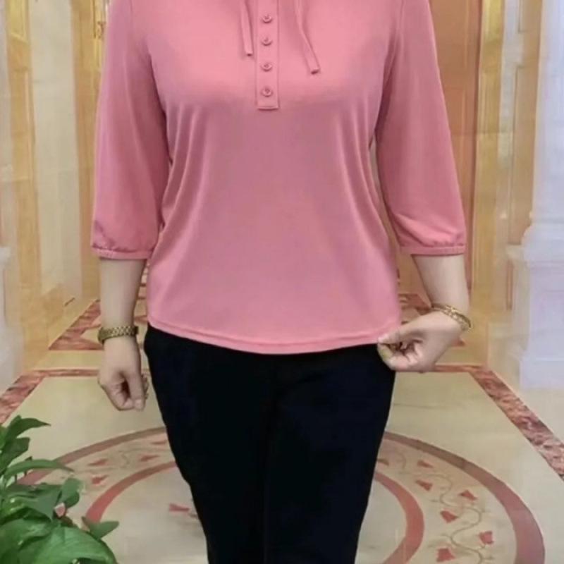 Chic Age-Defying Hooded Women's Spring Top - Loose Fit, Elastic, Versatile, Seven-Sleeve Design.