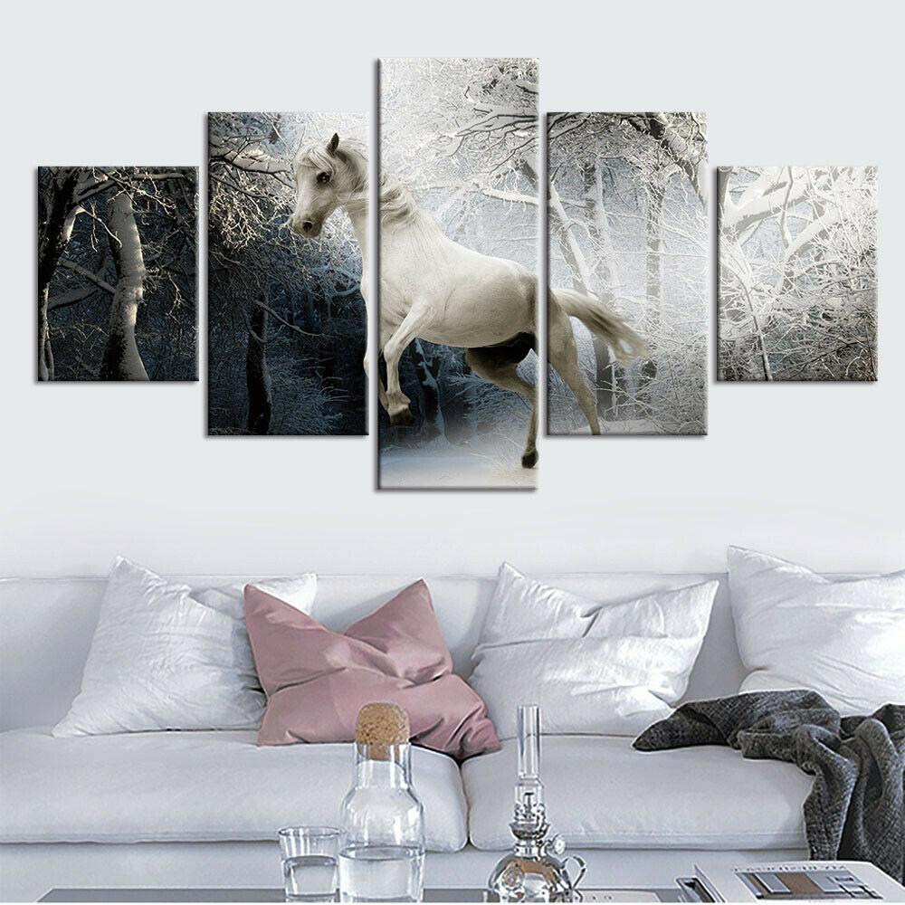 5Pcs White Horse Snow Trees Decor Pictures Poster Home Decor No Framed Room Decor Abstract 5 Pieces Canvas Paintings Modern