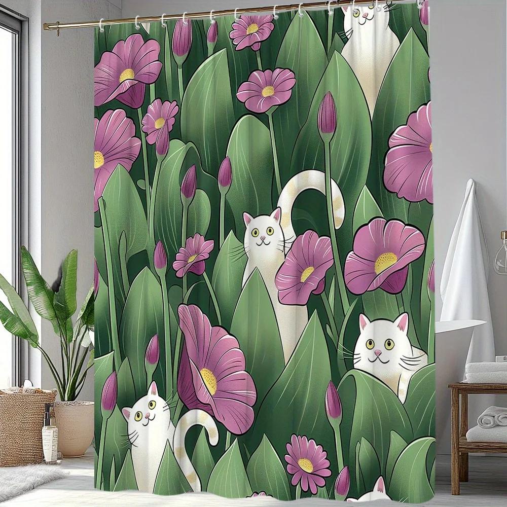 

1Pc Cat Funny Animal Pattern Shower Curtain Vivid Floral Leaves Background Design Fun And Interesting Bathroom Decor Polyester W60H190(CM)-1 Pcs
