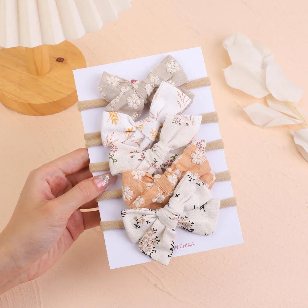 5Pcs/Set Baby Bows Headband Nylon Headbands Cotton Hair Bands for Children Girls Soft Hairband Newborn Hair Accessories Toddler