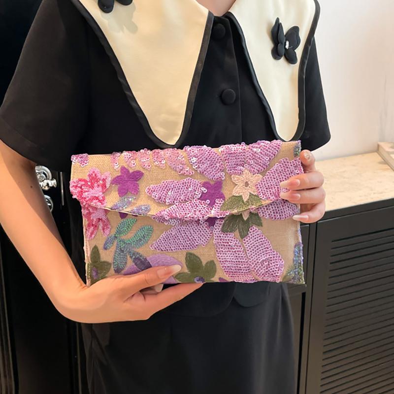 Embroidery Evening Bags Sequins Bling Clutch Bag Straw Envelope Bag Floral Pattern Handbag Wedding Party Cotton and Linen Wallet