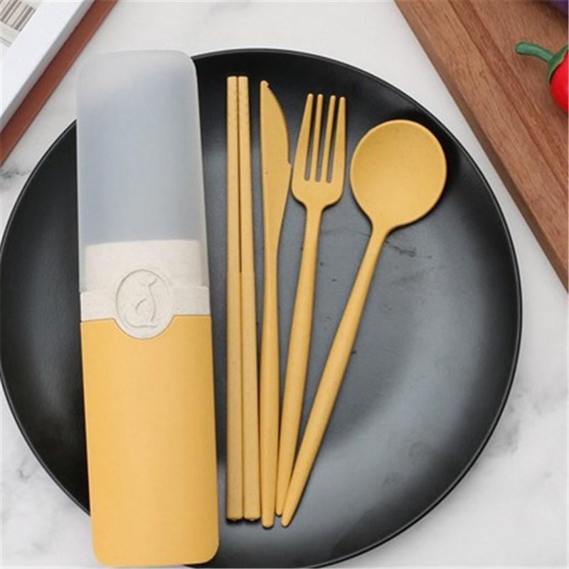 Wheat Straw Tableware Chopsticks Carrying Box Simple Spoon Fork Reusable Travel Cutlery Set Picnic Portable