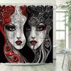 Gothic Floral Shower Curtain - Surreal Female Faces, Red, White & Black, Intricate Design, Dark Background, Polyester