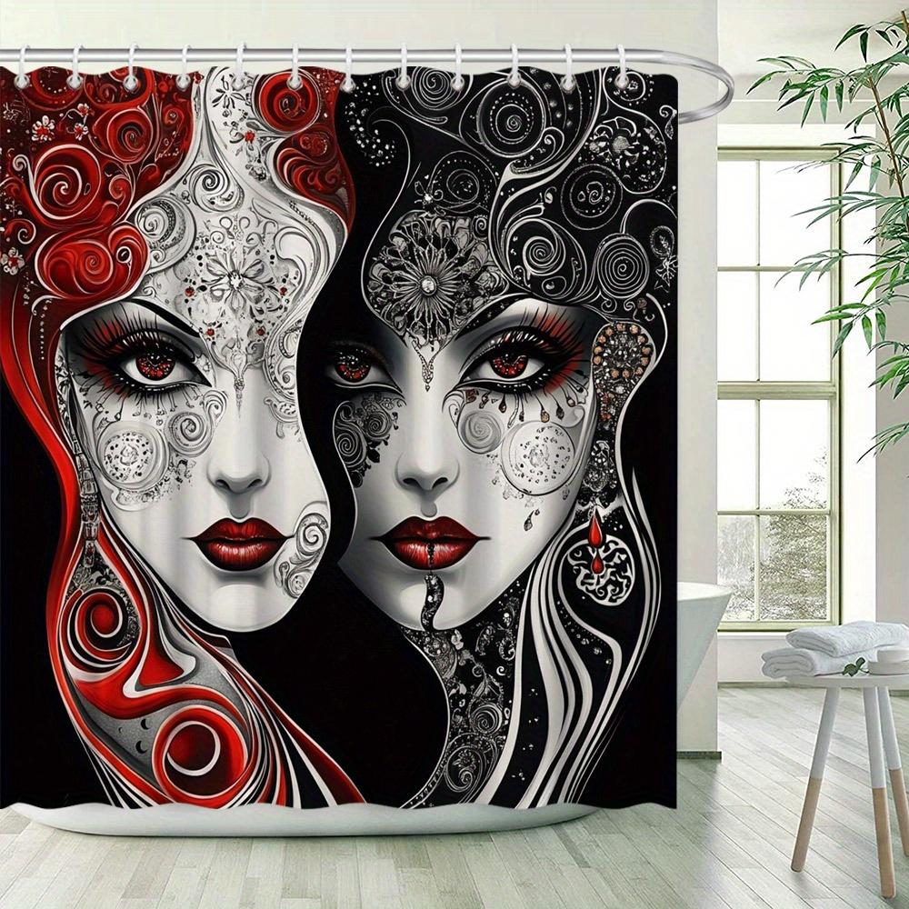 Gothic Floral Shower Curtain - Surreal Female Faces, Red, White & Black, Intricate Design, Dark Background, Polyester