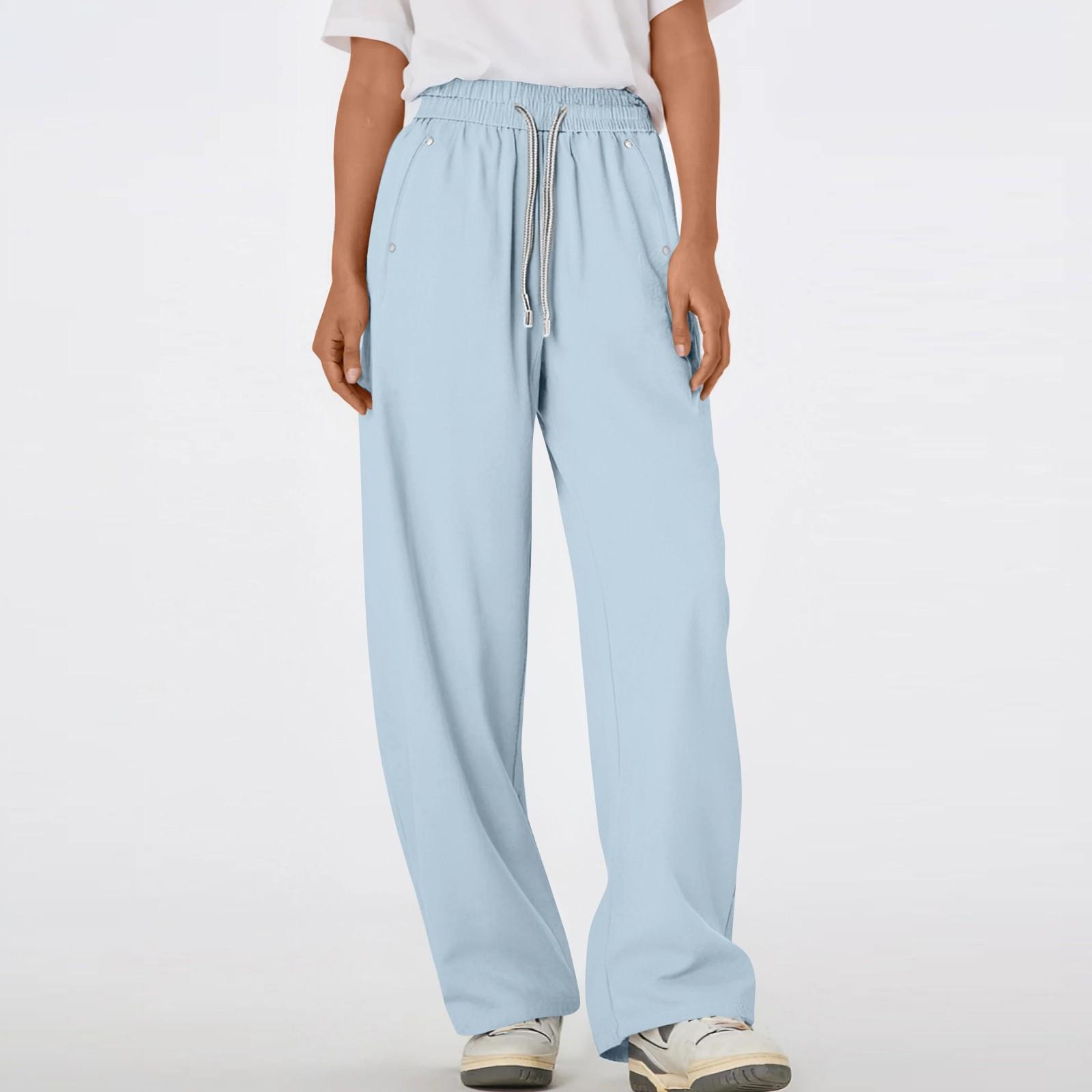 

Women s Multi Pocket Drawstring Straight Tube Slimming, Wide Leg Mopping, Solid Color Pants M