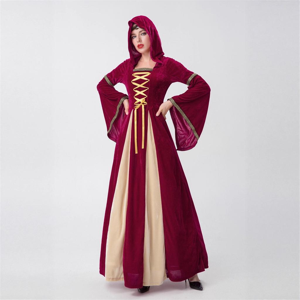 Halloween Adult Costume European Medieval Court Style Hooded Retro Long Dress Noble Queen Performance Costume