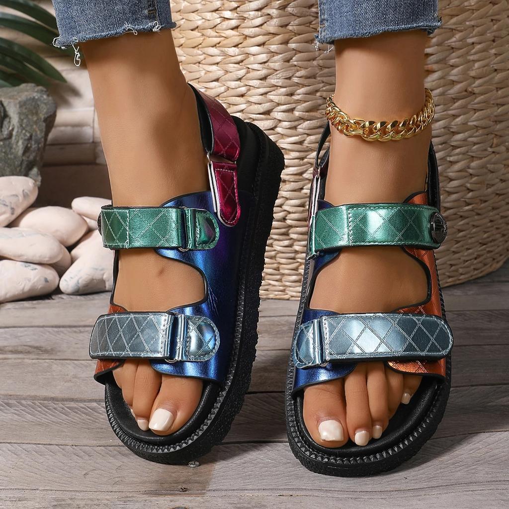 Bright Colored Upper Sandals with Comfortable Interior Velcro with Eagle Shaped Edges Thick Sole Large Size Flat Beach Sandals