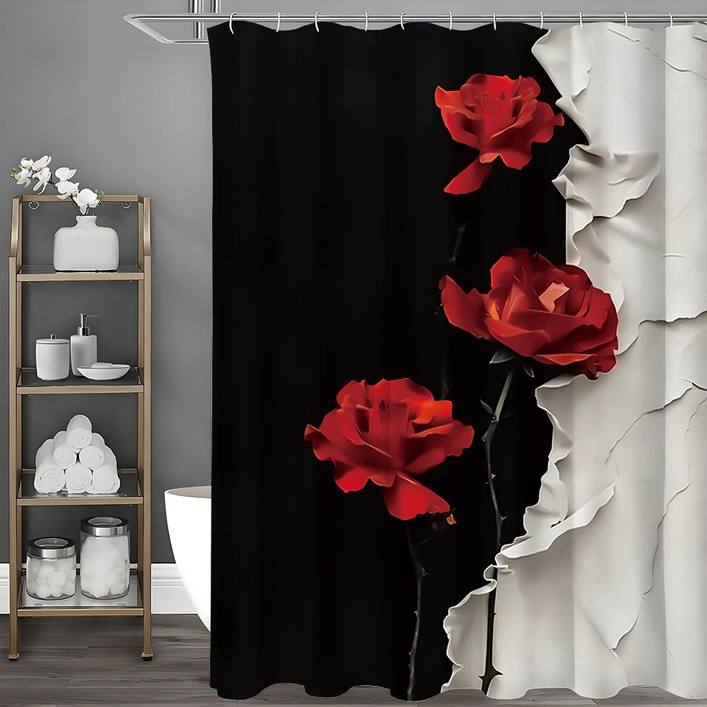 Red Rose Black and White Shower Curtain, Bathroom Decorative Shower Curtain, Waterproof Shower Curtain with Hooks