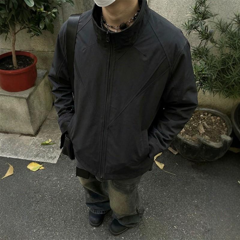 Mens Black Deconstructed Stand Collar Jacket American Style 3-in-1 Soft Shell Windbreaker Regular Shoulder Pilot Coat