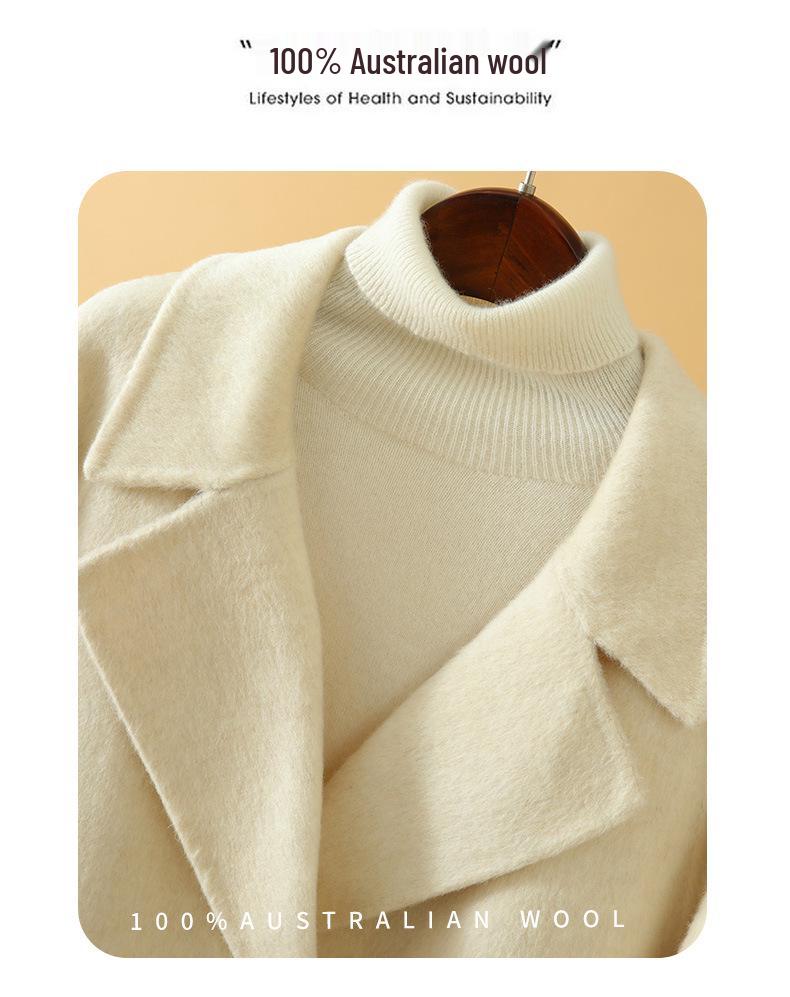 Women's Petite Double-Breasted Mid-Length Lapel Wool Coat - Versatile for Autumn/Winter