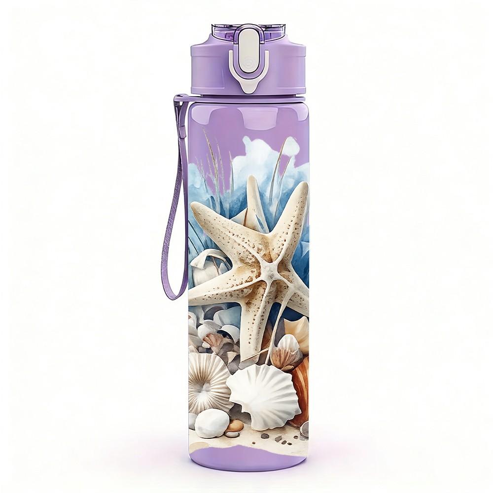 1PC Starfish Shell Ocean Beach Art 750ml Color Plastic Sports Water Bottle Leakproof Flip Straw Lid Suitable for Sports Office Home Use